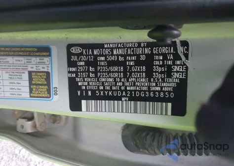 2013 Kia Sorento Ex V6 from USA, damaged, VIN 5XYKUDA21DG363850